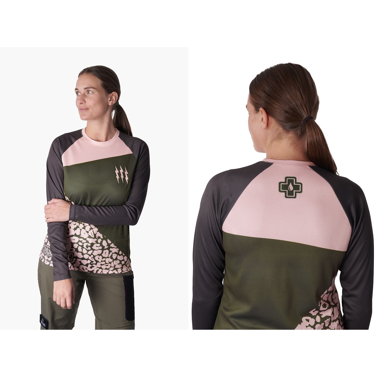 Muc-Off Muc Off Long Sleeve Womens Riders Jersey, Green Pink Leopard